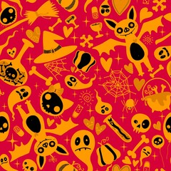 Obraz premium Halloween cartoon doodle seamless bat and cat and ghost and skulls pattern for wrapping paper and fabrics