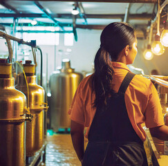 A worker inside the factory supervising the craft beer brewing process. - obrazy, fototapety, plakaty