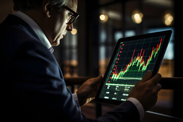 Businessman analyzes the movement of stock market charts using a tablet. Concept of professional work of business analytic