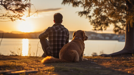 back view of a man with a dog sitting on a rock and watching the sunset