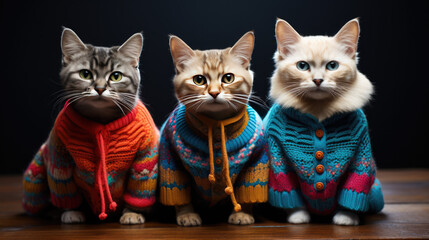 Three warmly dressed cats