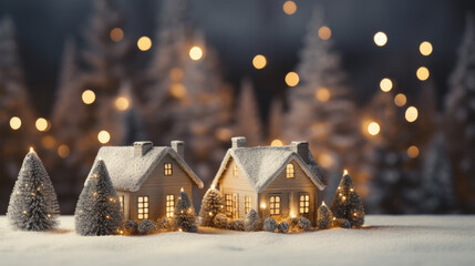 Two miniature houses in winter - obrazy, fototapety, plakaty