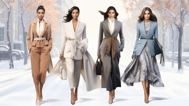 Four fashionably dressed women in winter