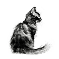 Black and White Sitting Cat Profile Graphic Isolated on White Background