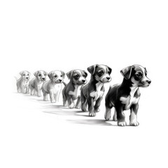 Group of Cute Puppies in Black and White Graphic Isolated on White Background