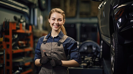 Young beautiful woman in mechanic costume in auto repair shop - obrazy, fototapety, plakaty