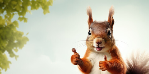 A cute squirrel smiles and gives a thumbs-up in a wide banner with a clean, single-colored background.