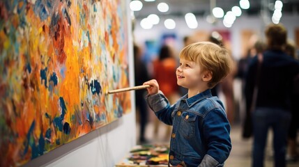 Child artist at art exhibition - obrazy, fototapety, plakaty