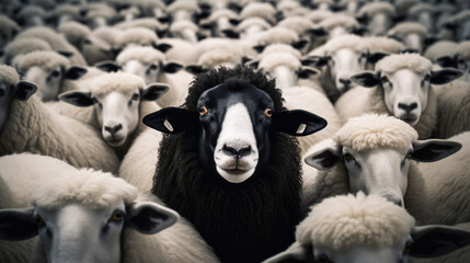 This captivating image captures a black sheep standing out among a group of white sheep against a clean backdrop, representing distinctiveness and diversity.