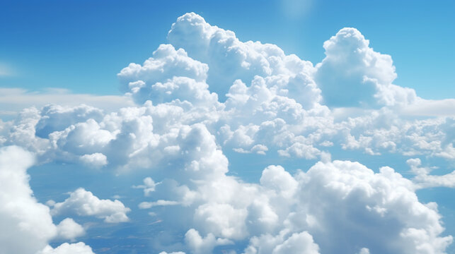 Nuages blancs dans un ciel bleu. Ambiance calme, paradisiaque. Paradis, cieux, nuage. Arrière-plan pour conception et création graphique.