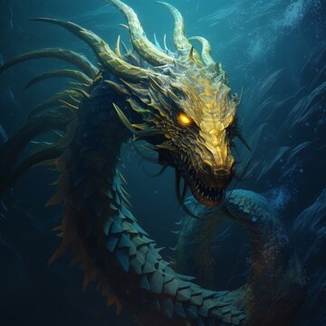 Deep ocean underwater swimming dragon animal illustration image AI generated art