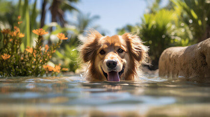 A dog goes swimming in water in summer