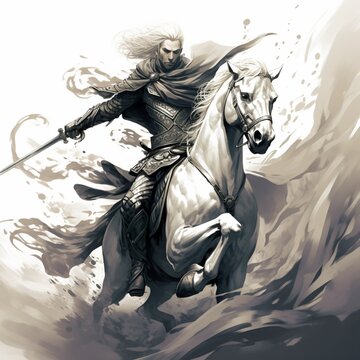 Design black white warrior holding horse drawing illustration picture AI generated art