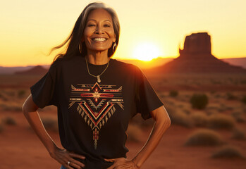 Portrait of Native American Indian senior woman wearing a black t-shirt in the desert southwest at sunset - obrazy, fototapety, plakaty