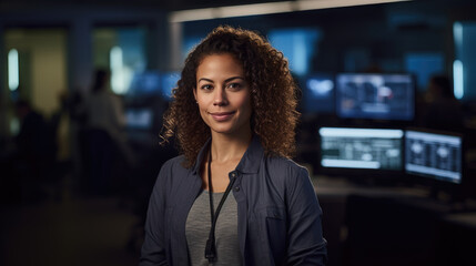 Obraz premium A female software engineer in a tech office, standing by a computer workstation and engaging with the camera
