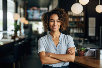Business Concept: Female entrepreneur standing in her cafe, smiling pensively
