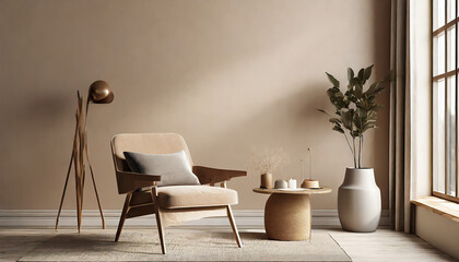 Beige contemporary minimalist interior with armchair, blank wall, coffee table and decor. 3d render illustration mockup