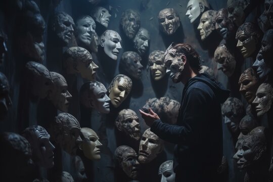 Fake emotion, play a role concept. Character holds masks our face with different emotions. Choice of moods, hiding behind a false mask. Defense and playing to the audience. Psychology.