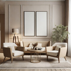 Empty blank poster frames mock up in modern living room interior in light beige tones with 2 armchairs and table, 3d render