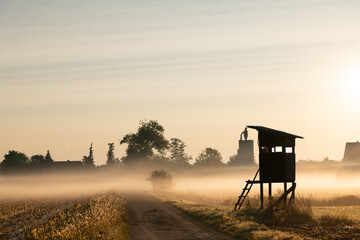 A wooden hunting stand stands in an open field. The sun rises. There is fog and mist over the...