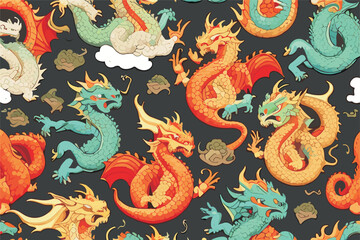 Vector pattern with chinese dragon
on a black background. 2024 New Year's fashion
ornament for fabric, paper, textiles.