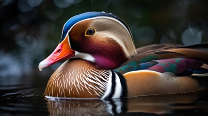 Extreme close up breathtaking mandarin duck pavo illustration picture AI generated art - obrazy, fototapety, plakaty