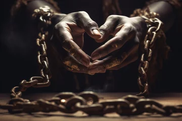 Foto op Plexiglas Slavery, forced use of work against persons will. A global problem. Theft. Chains. Forced ownership. Felony criminal. Captive, human trafficking, serfdom, credit, forced marriage. Shackles on hands. © Alla