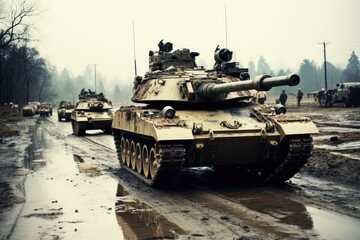 American tanks with soldiers are driving along a dirt road. US Veterans Day
