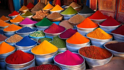 Poster Moroccan spice stall in Marrakech market, Morocco Colorful spices and dyes found at asian or african market Vast array of fresh Moroccan exotic herbs and spices at a market stall.  © yisby
