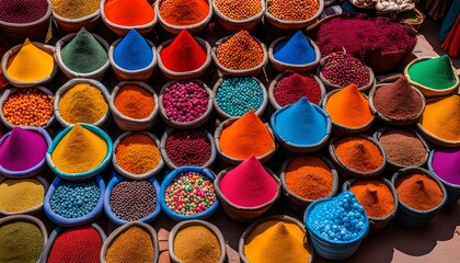 Moroccan spice stall in Marrakech market, Morocco Colorful spices and dyes found at asian or african market Vast array of fresh Moroccan exotic herbs and spices at a market stall.
 - obrazy, fototapety, plakaty