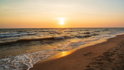 Landscape horizon viewpoint panorama  summer sea wind wave cool holiday calm coastal sunset sky light orange golden evening day look calm Nature tropical Beautiful sea water travel Bangsaen Beach