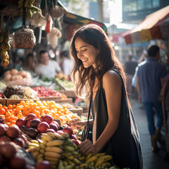 Young woman buying fruit and vegetables at a street market