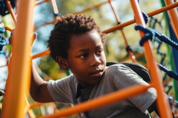A black-skinned school-age child engaging in outdoor play, climbing on a playground structure and enjoying. The background is a colorful playground. Generative AI.