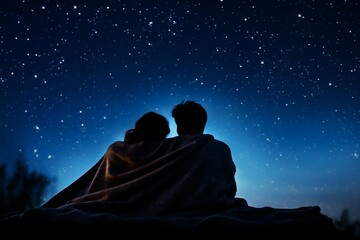 couple embracing during a starry night - obrazy, fototapety, plakaty