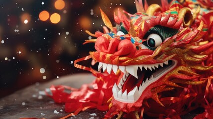 Close up of Chinese Dragon Head performing its traditional dragon dance festival. Chinese New Year celebration 2024..