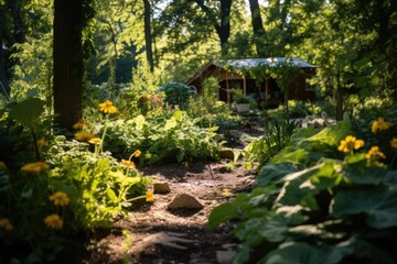 A permaculture garden with various plant species thriving together, under the dappled sunlight of a deciduous forest.