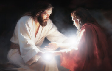 Divine Watercolor: Jesus, the Great Healer, Blessing a Woman with Healing Touch.  Religion.  - obrazy, fototapety, plakaty