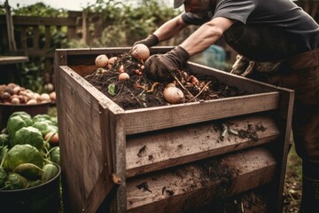 An image of a person using a compost bin to reduce food waste and create nutrient-rich soil. The process of adding food scraps to the bin. - obrazy, fototapety, plakaty