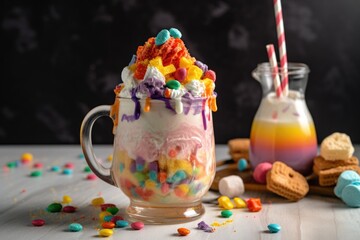 Fototapeta na wymiar A fun and whimsical candy-inspired milkshake. Rainbow sprinkle-infused shake with colorful candy toppings, whipped cream, and candies.