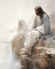 Watercolor Serenity: Jesus Christ Listens with Compassion to a Woman's Heart.  Religion. 