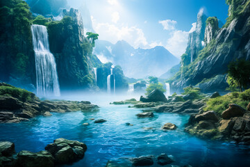 Vibrant dramatic heavenly landscape with mountains and waterfall  -abstract pc desktop wallpaper background Banner Chill Lofi Concept