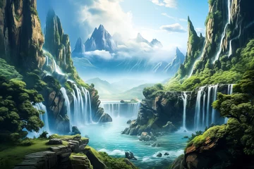 Fototapeten Vibrant dramatic heavenly landscape with mountains and waterfall  -abstract pc desktop wallpaper background Banner Chill Lofi Concept © Stock - Realm