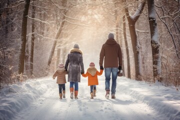 Fototapeta na wymiar back view of happy family walking through a beautiful snowy forest