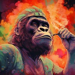 Gorilla smoking with psychedelic background animal illustration picture AI generated art