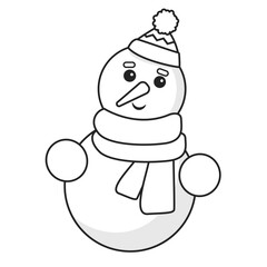 Cute doodle outline snowman with live stroke beanie and scarf isolated on white background. Vector illustration for kids. Full length deer sketch vector illustration