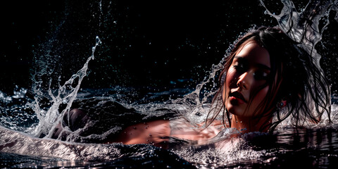 Fototapeta premium A woman is submerged in water with wet hair, water splashing around her. Generative AI