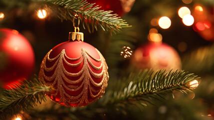 Christmas decorations on a christmas tree - obrazy, fototapety, plakaty