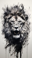 Hyper realistic Lion roaring with king photography image AI generated art