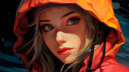 A young woman is looking forward in modern fashion wearing a jacket and hoodie. 2D flat illustration.