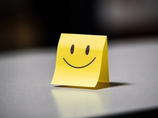 Yellow postit with a smiley face on it. Encouragment and positivity concept, business cheerful mindset. 